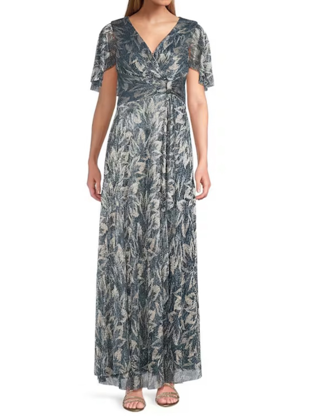R&M Richards Leaf Printed Metallic Foil Sheer Knit Short Flutter Sleeve Gown